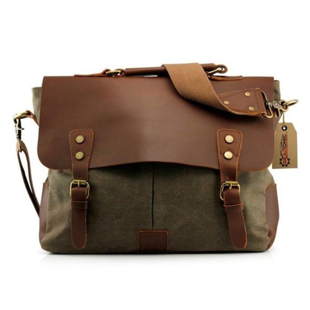NEW Genuine Leather Canvas Messenger Bag Green​ - Picture 3 of 10